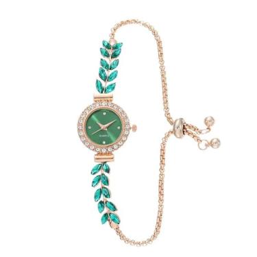 Imagem de MINILUJIA Relógio de pulso feminino elegante de luxo com pequeno mostrador dourado brilhante, folhas de oliveira, strass, vestido analógico, pulseira fina, relógio feminino, pulseira ajustável, Verde