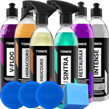 Imagem de Kit Lavagem e Revitalização Automotiva Sintra Fast Restaurax V-Floc Hidracouro Higicouro Intense Vonixx