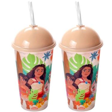 Imagem de 2 Copos para Suco e Refrigerante 500ml com Canudo da Moana - Plasutil