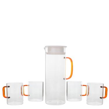Imagem de Conjunto Jarra 1,1 Litro Com 4 Copos 220Ml de Vidro Alça Colorida Mai Home