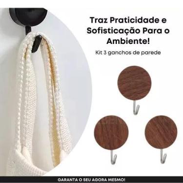 Imagem de Kit Gancho De Parede Adesivo Cabide Madeira 3 Peças Redondo Gift Útil