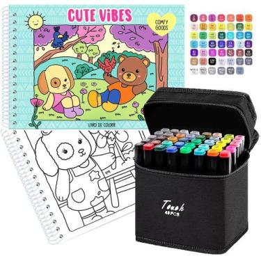 Imagem de Kit Livro De Colorir TikTok Cute Vibes 48 Desenhos + 48 Canetinhas Mar