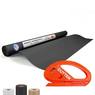 Imagem de IDL Packaging Rolo de papel preto 91,4 cm x 3,048 cm (30,5 m) com cortador - Rolo de papel kraft 22,7 kg de espessura - Papel de embrulho preto para embalagem, mudança, envio e artesanato/artes - Rolo