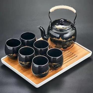 Imagem de Conjunto de chá japonês, conjunto de chá esmaltado preto em caixa de presente com 1 bule, 1 coador de chá, 1 bandeja de chá e 6 xícaras de chá. Conjunto de chá ideal para casa de escritório, conjuntos de chá asiáticos para amantes de chá (xícara preta e preta)