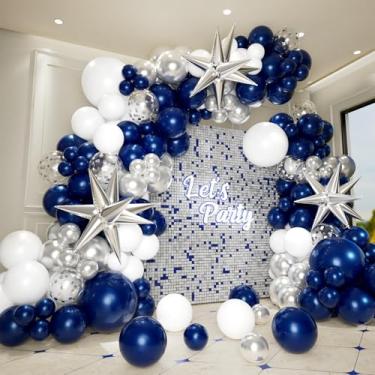 Imagem de Bonropin Kit De Arco Guirlanda Balões Azul-Marinho E Prata Com 161 Peças, Confete Azul, Branco Prata, Metalizados Em Forma Estrela, Para Decoração Festa Aniversário, Ano Novo Formatura