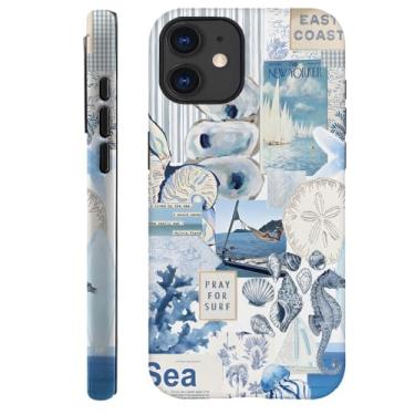 Imagem de TnXee Capa compatível com iPhone 11, capa rígida híbrida de 2 camadas de prevenção de quedas para meninas e meninos, colagem retrô azul oceano concha