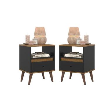 Imagem de Kit Conjunto com 2 Mesas de Cabeceira Retrô Quarto pés palitos Linha T