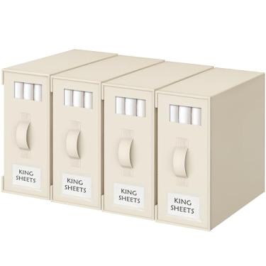 Imagem de Criusia Organizadores e armazenamento de lençóis, pacote com 4 organizadores de armário de linho dobráveis – suporte de cama para jogo de cama (tamanhos king/queen), capas de edredom, cobertores (bege