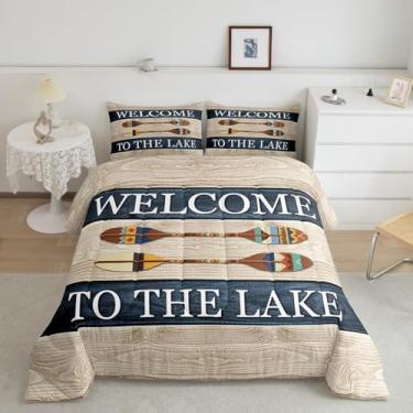Imagem de Conjunto de edredom infantil Lake House, tamanho king, barco de verão, pesca, aventura, decoração de quarto para meninos e homens, edredom retrô de madeira, enchimento de edredom rústico para casa de
