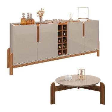 Imagem de Aparador 190 Com Mesa De Centro Lizz Pés De Madeira Maciça Off White/Cedro Off White/Cedro