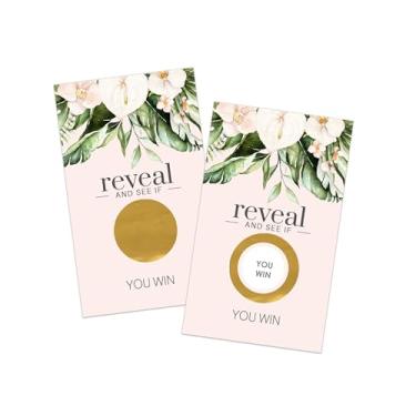 Imagem de Pacote de 30 cartas de jogo de raspar de blush tropical com 30 atividades para chá de panela meninas chá de bebê rifle bilhete prêmios desenhos revelam e ganham arranhadores tema floral e verde papel festa inteligente
