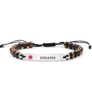 Imagem de RENYILIN Pulseira de identificação de alerta médico, contas naturais de olho de tigre, design curvo, ajustável, One Size, Cordão, Sem Pedra Preciosa