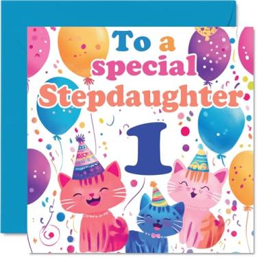 Imagem de Cartão de aniversário da 1st Step Daughter - Cute Cats Special Step Daughter - Cartão de feliz aniversário de 1º aniversário para madrasta da madrasta, 145 mm x 145 mm, 1 cartão de felicitações para