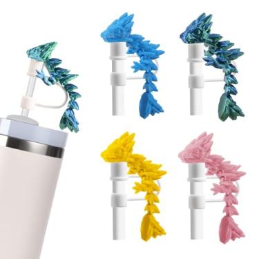 Imagem de Beesini 4 peças de tampa de palha de dragão compatível com Stanley 30 e copo de palha de 1,134 g, topo de palha de silicone com dragão impresso em 3D, acessórios legais para copo, decorações de