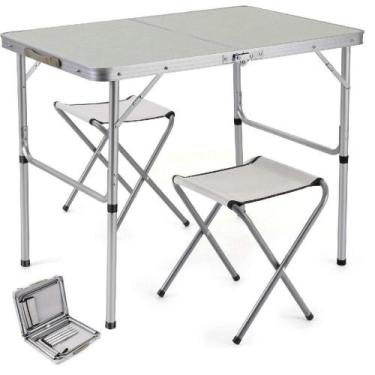 Imagem de Mesa Dobravel Aluminio 2 Cadeiras Mesinha Praia Maleta Portatil Grande