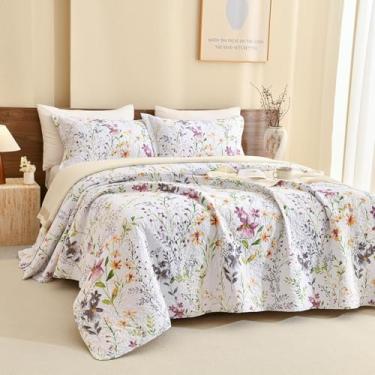 Imagem de QSH 3 peças de colcha floral tamanho queen grande (259 x 299 cm) - 100% algodão, conjunto queen grande, botânico, amarelo, flores silvestres, colchas extramacias, leves e com fronhas