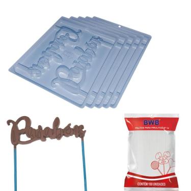 Imagem de Kit 5 Forma Topo Bolo Parabéns 100 Palitos N14 Médio Branco