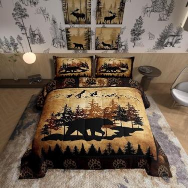 Imagem de Homewish Conjunto de edredom de cabana com desenho animado de pinheiros, urso selvagem, montanha, para crianças, adolescentes e adultos, estampa de pata de animal, retrô, edredom acolchoado com 2