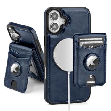 Imagem de SkyEagle Capa carteira compatível com MagSafe iPhone 16 Plus com suporte para AirTag, 2 em 1, couro sintético, magnético, destacável com bloqueio de RFID, suporte para cartão de crédito, capa flip com