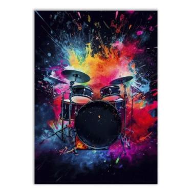 Imagem de Placa Decorativa Bateria Instrumento Musical Ilustração Cores Decoração Poster Quarto Sala