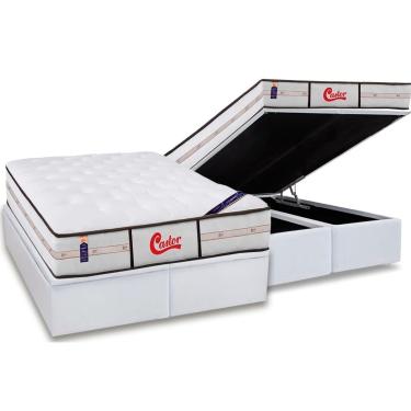 Imagem de Cama Box Baú King: Colchão Molas Castor Pocket Gold Star Vitagel Classic + Base CRC Courano White(193x203)