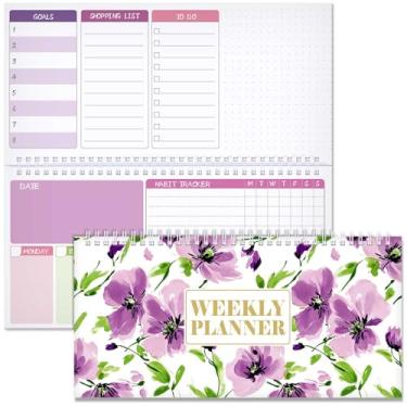 Imagem de Funrous Agenda semanal floral sem data, bloco de notas semanal com objetivo de compras, calendário de mesa horizontal encadernado em espiral para lembrete, escritório, escola, 30 x 15 cm (elegante