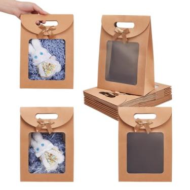 Imagem de NBEADS 20 peças de saco de presente com janela, 26,5 x 9 x 26 cm, sacos de papel kraft com alças para embalagem de festa de casamento, Natal, loja, varejo, marrom