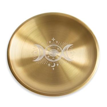 Imagem de Oferecendo tigela prato ritual de oração ótimo para Wicca, uso de altar, uso ritual, queimador de incenso, tigela de manchas, tigela de decoração, tigela de oferta (lua tripla dourada)