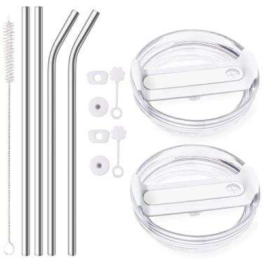 Imagem de Pacote com 2 tampas à prova de vazamento com 4 canudos de metal de aço inoxidável reutilizáveis SUS 304 para copo Stanley de 1,134 g, tampa de derramamento de acessórios Stanley Cup (transparente e