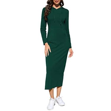 Imagem de BeautyNee Vestido feminino casual de manga comprida com fenda lateral pulôver maxi moletom slim moletom longo com bolsos, Verde escuro, M