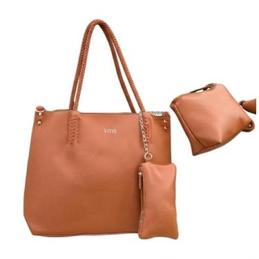 Imagem de Kit 3 Peças Bolsa Grande, Bolsinha Média Transversal e Carteira Feminina Alça Trançada Necessaire (Caramelo Claro)