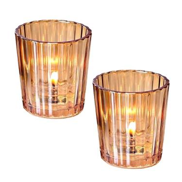 Imagem de 2 peças de castiçais votivos, suporte de vela de vidro champanhe, suporte de vela tealight canelado, castiçais vintage a granel para casamento, feriado, festa. Aniversário, decoração de mesa de jantar