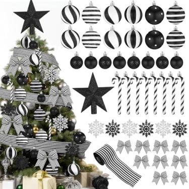 Imagem de Soulchen 68 peças de enfeites de Natal preto e branco com glitter, topo de estrela, bolas pretas e brancas, bastões de doces, flocos de neve, enfeites para pendurar, fitas de laço listrado de Natal