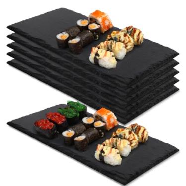 Imagem de Hoolerry 6 peças de tábuas de charcutaria de ardósia a granel, mini tábua de queijos de ardósia, travessas de sushi preto, pratos individuais de pedra para comida, aperitivos, queijo, carne, festa