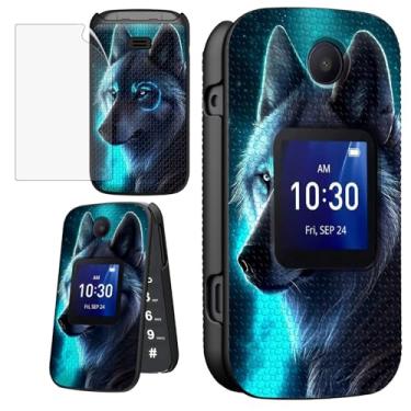 Imagem de ACWDMKH Capa para Alcatel Go Flip 4 / TCL Flip Pro/TCL Classic Phone com protetor de tela para mulheres capa protetora rígida fina com capa de telefone texturizada antiderrapante, lobo azul preto