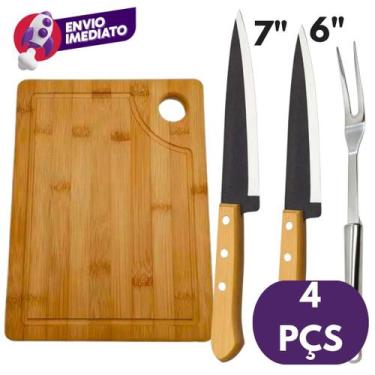 Imagem de Kit Churrasco Tábua de Corte Madeira Bambu E Garfo Trinchante Inox E F
