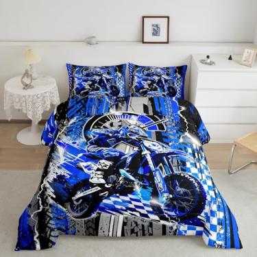 Imagem de Feelyou Conjunto de cama infantil Dirt Bike, tamanho Queen, para esportes radicais, motocross, ultramacio, para decoração de quarto de motocicleta, azul