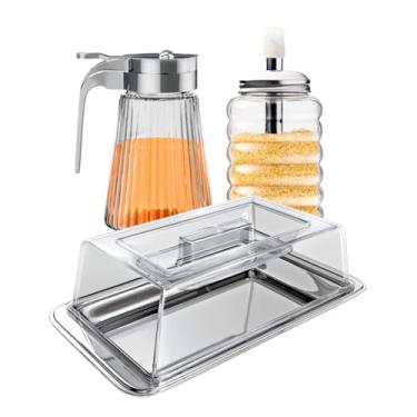 Imagem de Kit Euro: Manteigueira Tampa Acrílica + Açucareiro Bico Dosador + Meleira Elegante