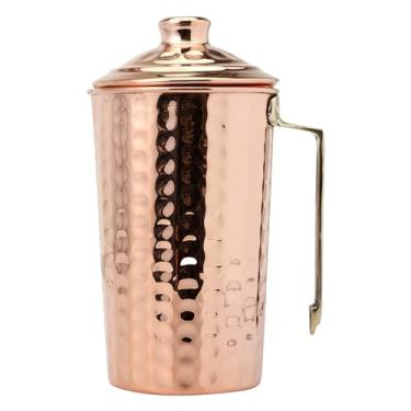 Imagem de Jarro martelado de cobre puro com tampa e cabo de latão para benefícios de saúde Ayurveda, capacidade de 1,5 litro (50,72 Fl Oz) (estilo moderno)