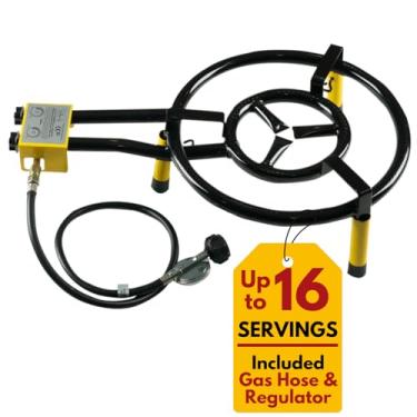 Imagem de Paelluxe Queimador de paella com suporte de mesa – parrilla a gás propano duplo para cozinhar fogão ao ar livre e interno – ideal para wok chinês e tailandês, churrasqueira de acampamento – 40,6 cm