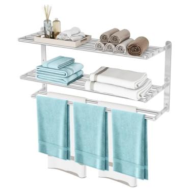Imagem de Toalheiro de 3 camadas para banheiro montado na parede, prateleira de banheiro de 81 cm com barra de toalha, prateleiras de níquel escovado para toalhas, suporte múltiplo prata moderno de aço