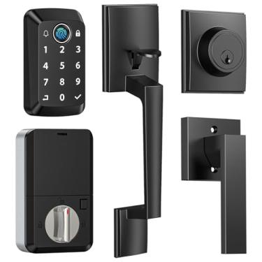 Imagem de Calzibeno Fechadura de porta de entrada sem chave com conjunto de alças, fechaduras inteligentes de impressão digital para porta da frente, fechadura de teclado eletrônico com controle de trava