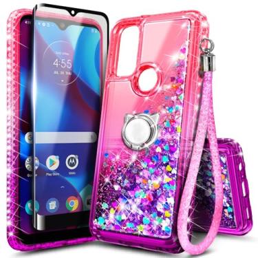 Imagem de NZND Capa para Motorola Moto G Play 2023 & G Pure & Power 2022, rosa/roxo | Capa fofa para meninas e crianças | com protetor de tela de vidro temperado/suporte de anel/alça de pulso