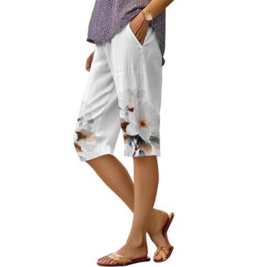Imagem de Shorts DMOYALA com estampa floral, linho, bermuda, branco, feminino, 3