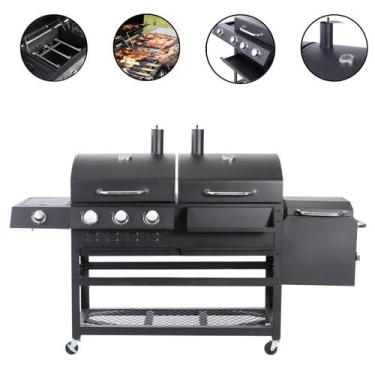 Imagem de Churrasqueira Dupla 3 em 1 Gás Carvão e Defumador Lateral Portátil Com
