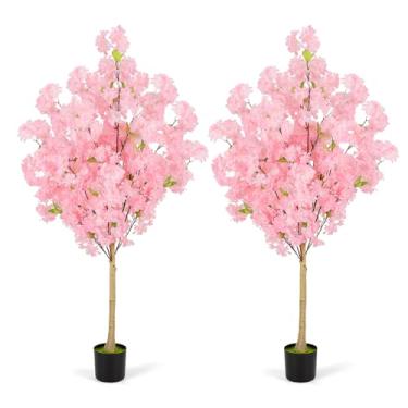 Imagem de Pacote com 2 árvores artificiais de flor de cerejeira, Sakura sintética com flores de seda rosa realistas e vaso de plástico para sala de estar, quarto, casa, entrada, escritório, decoração de plantas