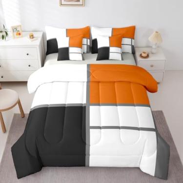 Imagem de Erosebridal Conjunto de edredom Queen geométrico abstrato para adultos, mulheres, homens, cama listrada azul e branca em uma bolsa, conjunto de cama de 7 peças, arte moderna, patchwork, conjunto de