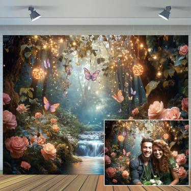 Imagem de Fundo de paisagem natural de 1,8 x 1,8 m de fundo de conto de floresta com flores coloridas, cachoeira, borboleta, plantas florais, decorações para fotografia, fundo de fada, estética e sessão de