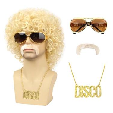 Imagem de TUOFLY Conjunto de 5 peças de peruca masculina cacheada loira discoteca dos anos 70 anos 80 (Wig+ óculos + colar + bigode + boné) para fantasia de Halloween cosplay