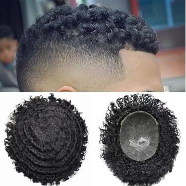 Imagem de Peruca Afro para homens negros Perucas masculinas afro-americanas 20.3 cm × 25.4 cm sistemas de substituição de cabelo completo PU Afro 10 mm unidade de cabelo masculino trançado 20 x 25 cm 1#Jet